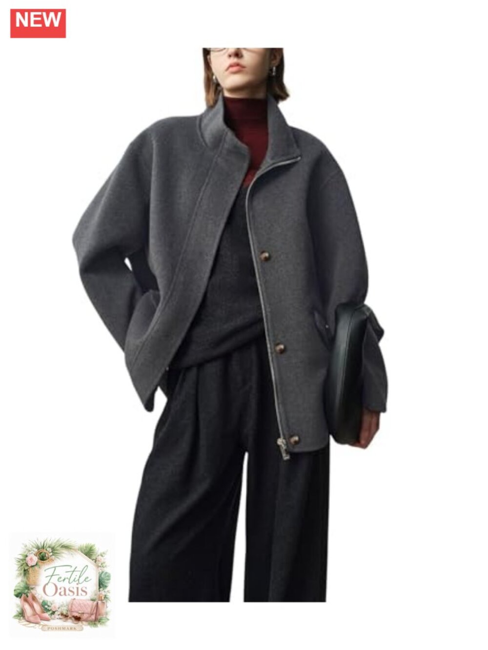 Women's Wool Blend Pea Coat Zip Up Stand Collar